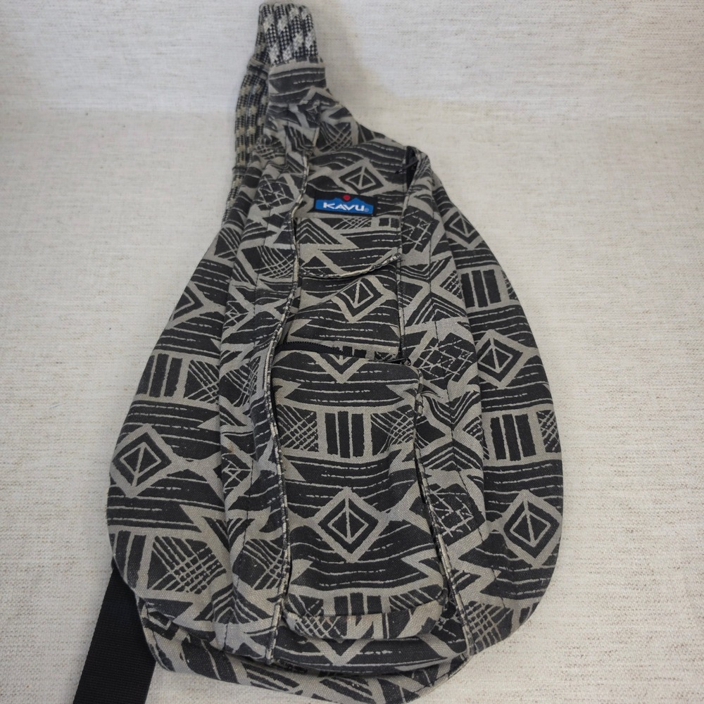 KAVU Rope Bag Canvas Sling Crossbody Backpack Geometric Tribal Print Grey Black